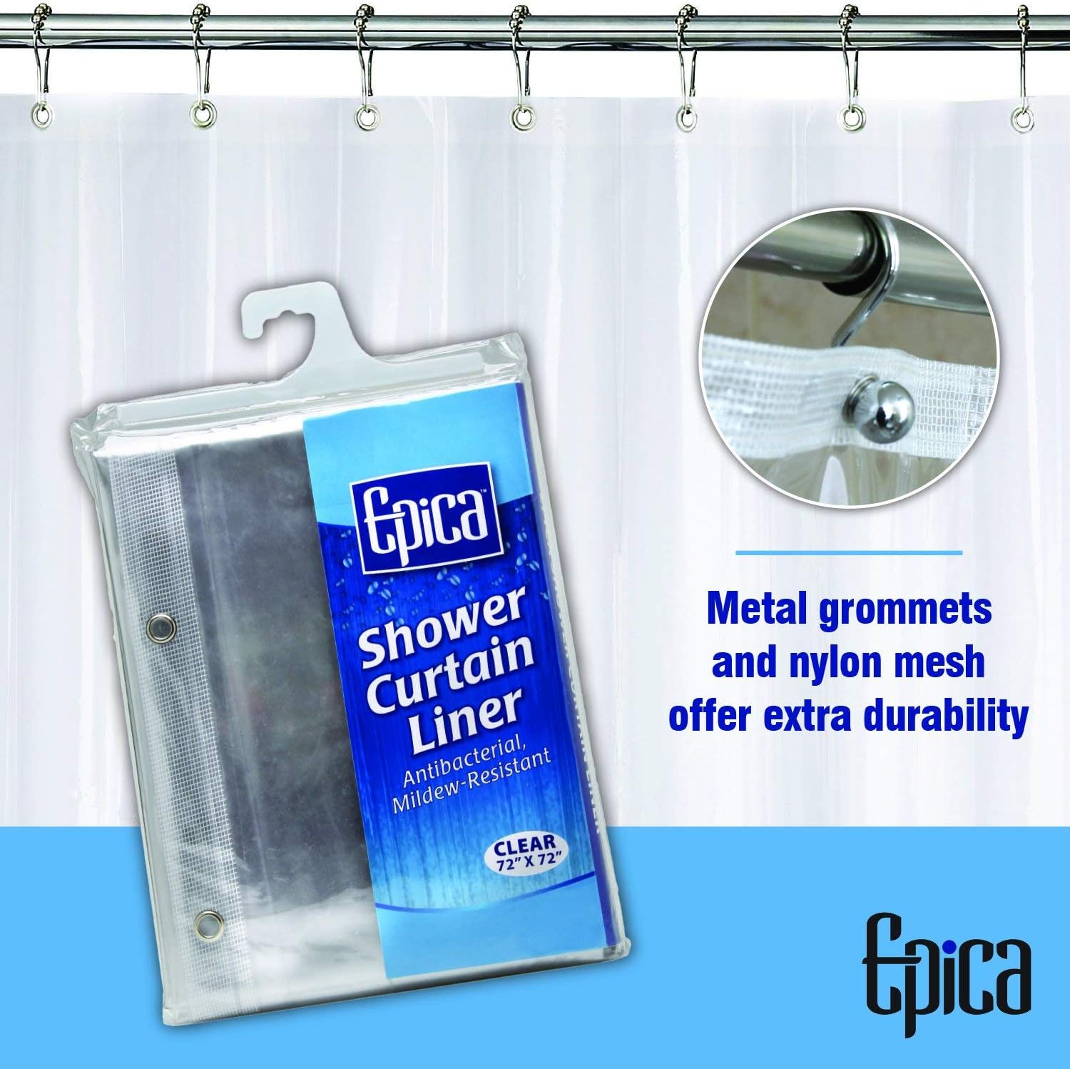 EPICA Strongest Mildew Resistant Shower Curtain Liner on The Market-100% Anti-Bacterial 10 Gauge Heavy Duty Liner-Waterproof-72x72 Inches-Clear: Home & Kitchen