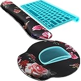 KTRIO Ergonomic Keyboard Wrist Rest and Mouse Pad with Wrist Rest Set, Memory Foam Wrist Support for Typing, Gaming, Office and Home Use, Pale Pink, Peony Flower