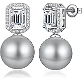ZDaoBen Elegant Pearl Stud Earrings for Women, 925 Sterling Silver Cubic Zirconia CZ Large Pearl Earring Jewelry 12MM