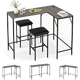 COSTWAY 3-Piece Counter Height Dining Table Set with Charging Station | 1 Bar Table and 2 Padded Stools with 2 AC outlets, USB Port, Type-C Port, for Kitchen Corner, Living Room &amp; Bar, Gray