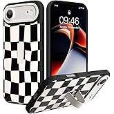 SOKAD for iPhone Air Case with Finger Strap Kickstand, Cute Checkered Checkerboard Phone Case with Finger Hand for Women Men, Slim Full Camera Protection Shockproof Cover, Black & White