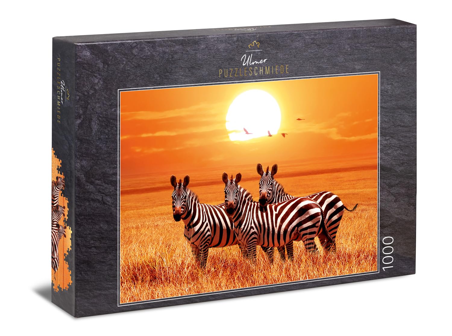 Ulmer Puzzleschmiede - Puzzle "Under the African Sun": 1000 pieces jigsaw puzzle - A small group of zebras under the sun in the savannah in Africa