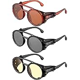 Weewooday 3 Pairs Retro Round Steampunk Sunglasses with Faux Leatherwear for Men Women