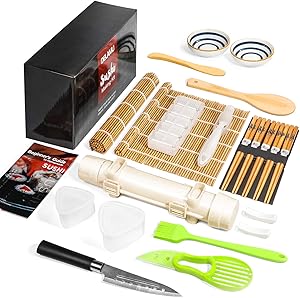 Sushi Making Kit, Delamu 21 in 1 Sushi Maker Bazooker Roller Kit with Bamboo Mats, Chef's Knife, Triangle/Nigiri/Gunkan Sushi Rice Mold, Chopsticks, Sauce Dishes, Rice Spreader, User Guide