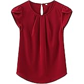 TASAMO Women's Casual Round Neck Basic Pleated Top Cap Sleeve Curved Keyhole Back Chiffon Blouse