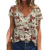 Sasens Women's Western Cactus Horse V-Neck T-Shirts Tops Vintage Pattern T-Shirt Novelty Short Sleeve T-Shirt Top