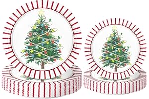 WRAPAHOLIC 50Pcs Christmas Paper Plates - 9" and 7" Christmas Tree & Stripes Disposable Plates Decorative Dinner Plates for Party Tableware Supplies Table Decor