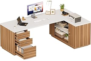 LITTLE TREE 85.8-Inch L-Shaped Desk with File Drawers, L-Shaped Executive Office Desk with Storage Cabinet, Corner Computer D