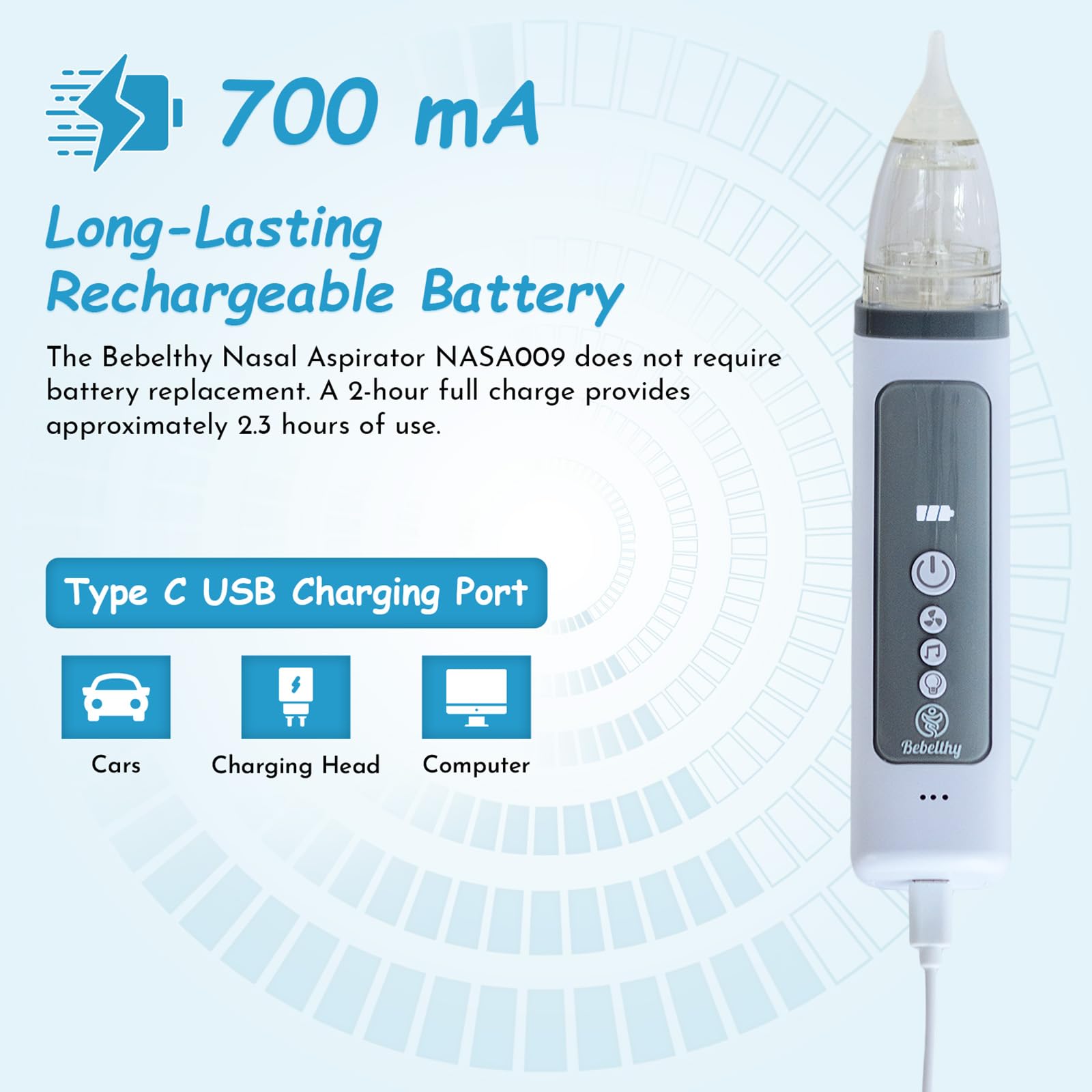 Nasal Aspirator for Baby, Electric Nose Sucker for Baby with Large Suction Flow, Lights and Music, Rechargeable, Aspirador Nasal para Bebes, with 3 Silicone Tips, Booger Tweezer, and Cleaning Brush