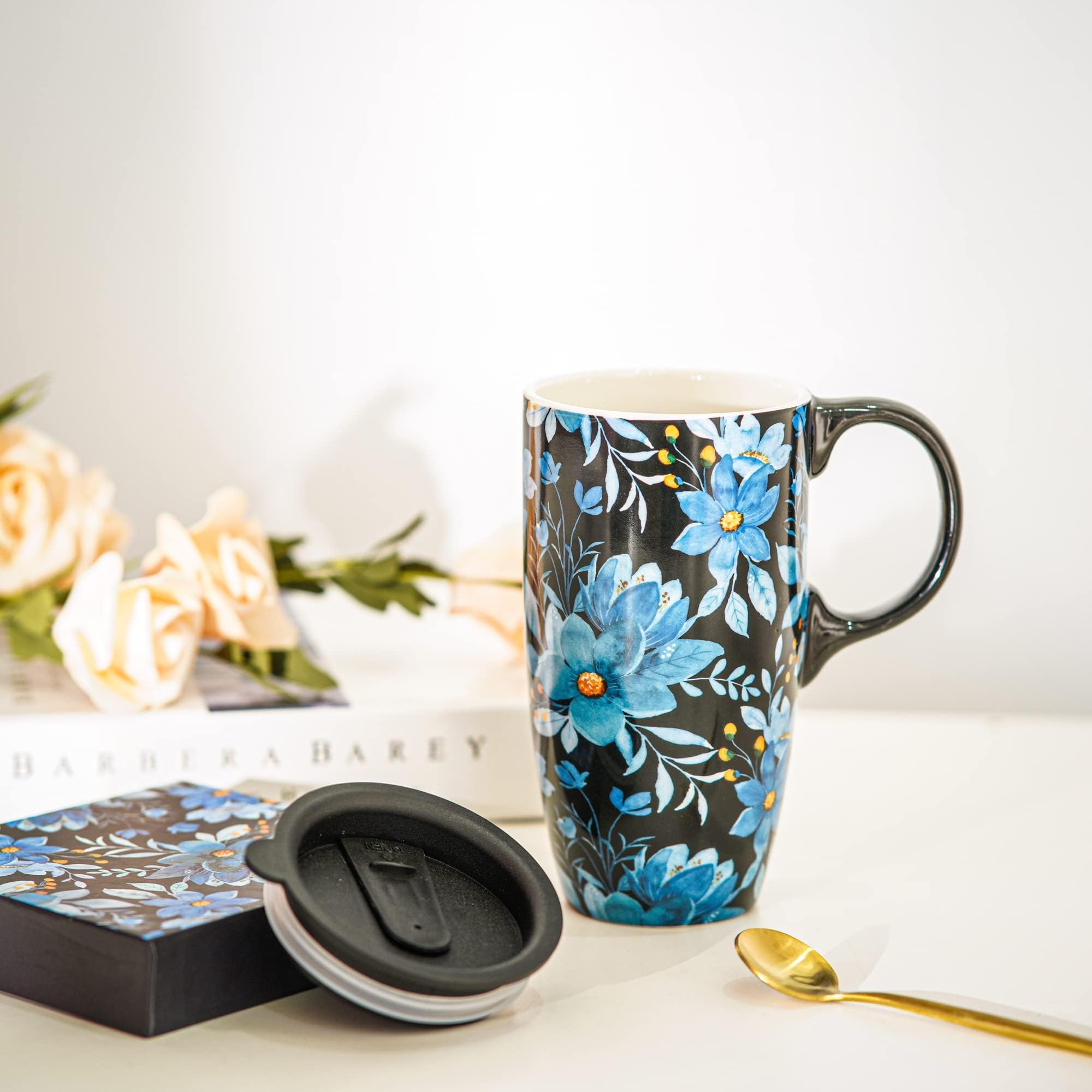 DUSVALLY Ceramic Mug Coffee Cup Ceramic Travel Mug with Lid and Color Box,17oz. Large Coffee Mug,Blue Flowers