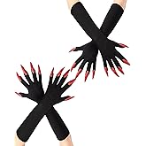 Suhine 2 Pair Halloween Witch Gloves with Claws Nails Halloween Scary Paw with Glue