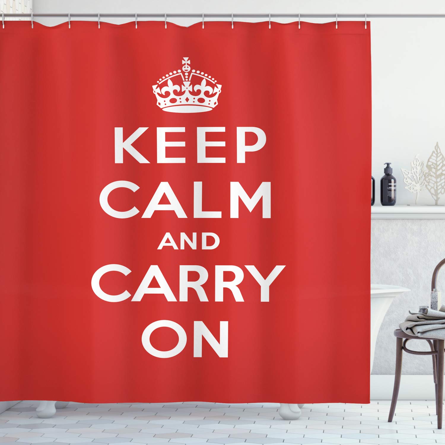 ABAKUHAUS Keep Calm Shower Curtain, Bicolour Composition Carry on Text Royal UK Crown Calligraphic Image, 70 Inches, Red White
