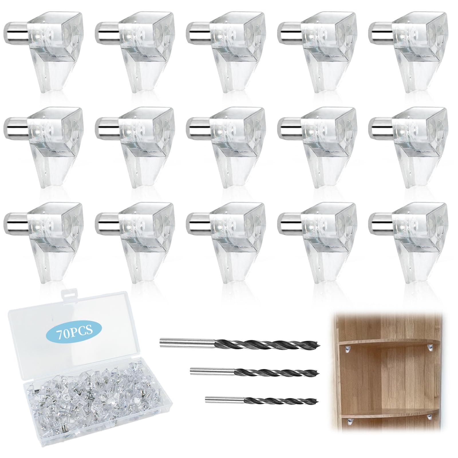 RAFIYU 70 Pcs Shelf Support Peg and 3 Drill Bits, 5 Millimeters Support Cupboard Shelf Pins, Clear Plastic Replacement Peg with Steel Pin Shelf Holders for Cabinet Glass Shelve Wardrobe