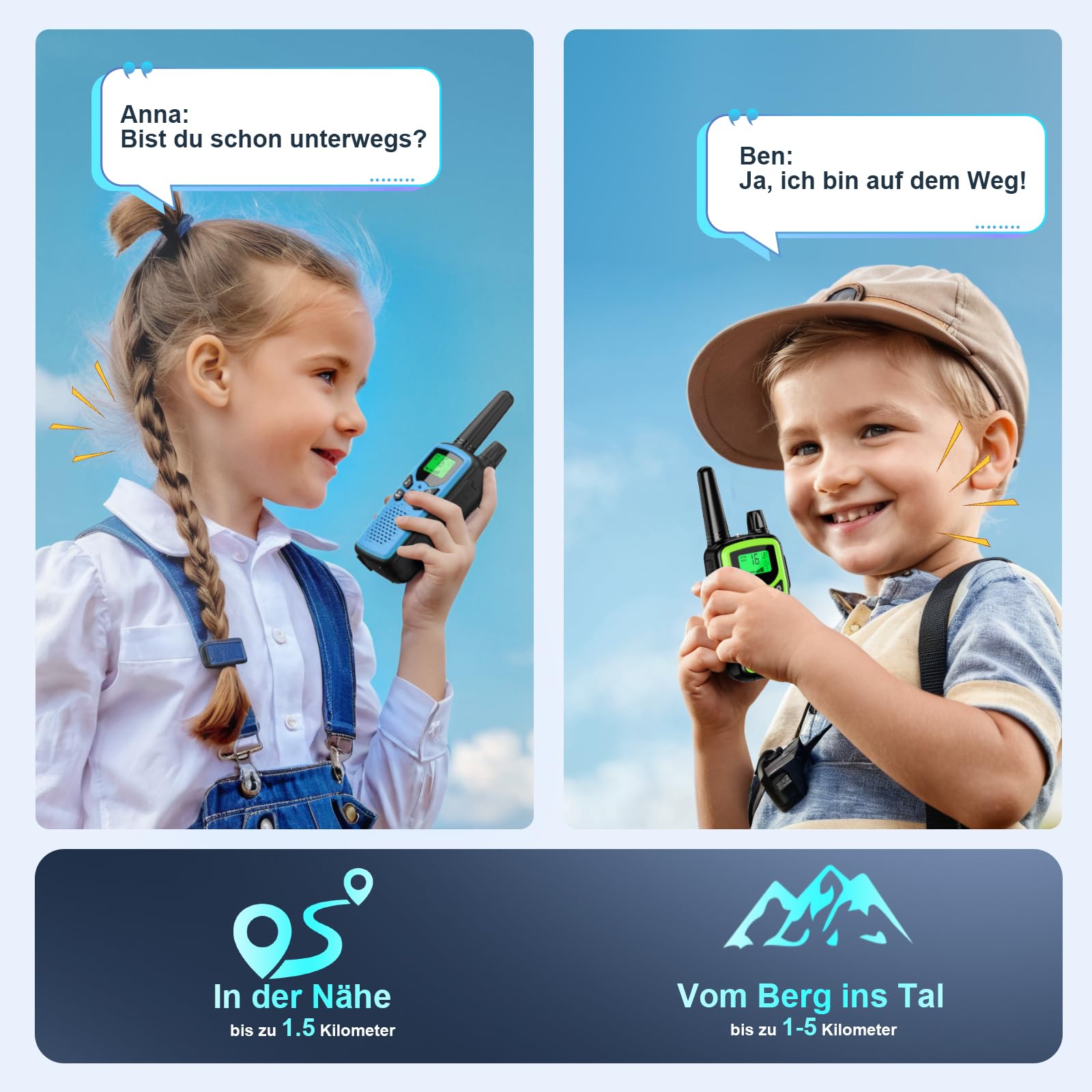 Walkie Talkie 3er Set Kinder Aufladbar, Rabigala Funkgeräte mit 5km großer Reichweite für Erwachsene, Li-ion Akku, VOX Freisprecheinrichtung, Taschenlampe LED, LCD 2