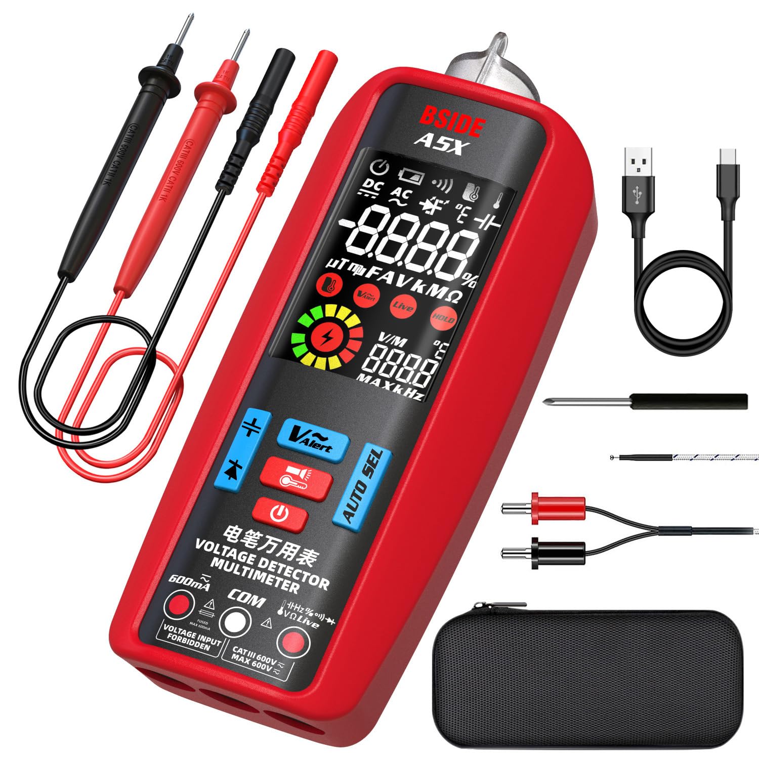 BSIDE Rechargeable Smart Digital Multimeter Intelligent Current Meter Colour LCD Multi-function Voltage Amp Tester with VFD NCV Capacitance Temperature Diode Duty Cycle Ohm Hz Continuity Test