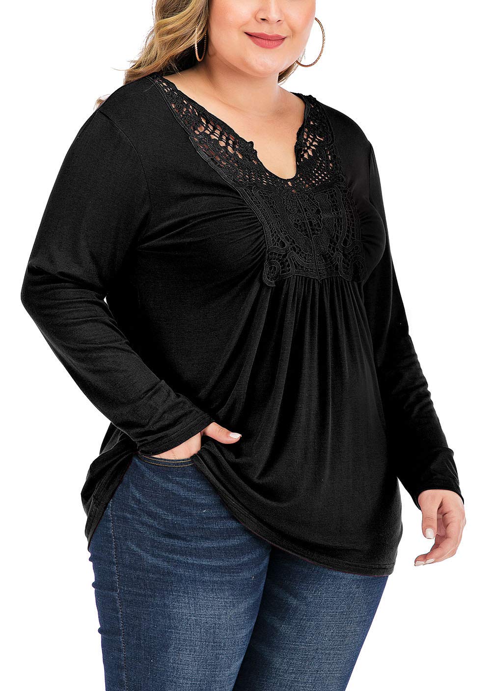YASAKO Womens Pleated Tops Plus Size V-Neck Lace Blouse Swing T-Shirts Flowy Long Sleeve Casual Tunic,Black,2XL