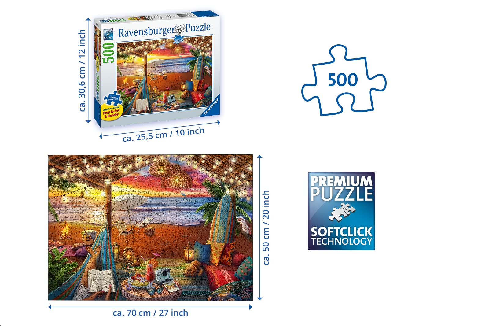 Ravensburger Cozy Cabana Puzzle - Tranquil 500-Piece Jigsaw | Unique Softclick Technology | Large Format | FSC-Certified Materials | Ideal Family Fun Activity