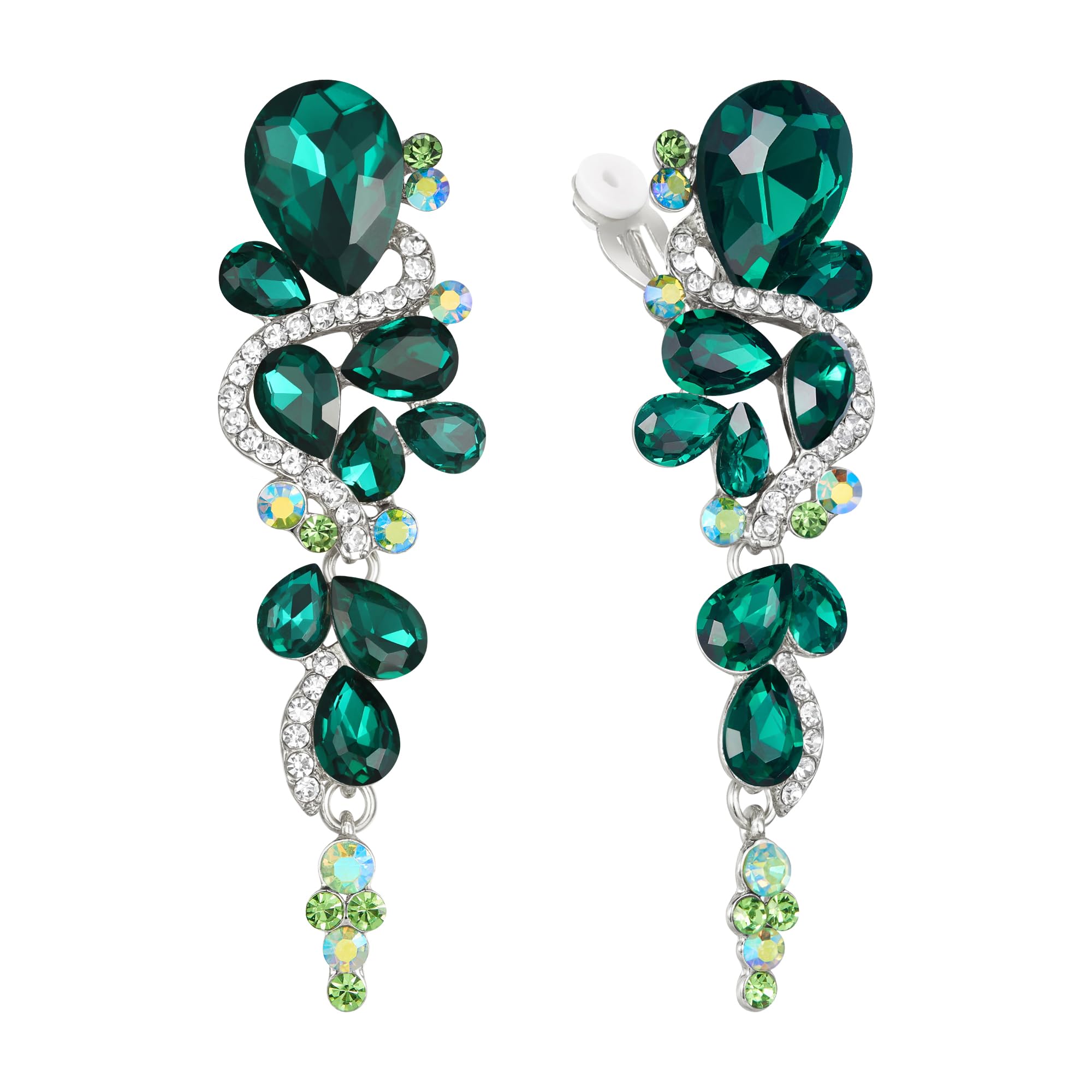 Clearine Clip-On St Patricks Chandelier Earrings, Wedding Bridal Statement Bohemian Boho Crystal Teardrop Cluster Long Drop Dangle Earring Costume Jewellery Emerald Silver-Tone — image 1