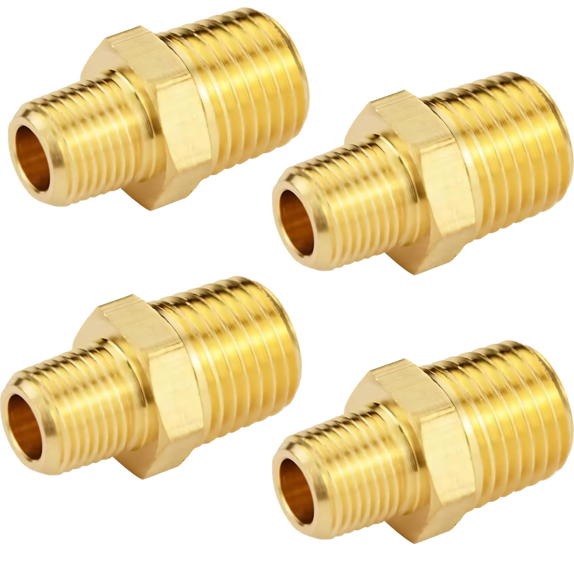 FENGCHUANG 4pcs Brass Pipe Fitting, Reducer Adapter, Hex Nipple, 1/4-Inch Male Pipe x 1/8-Inch Male Pipe