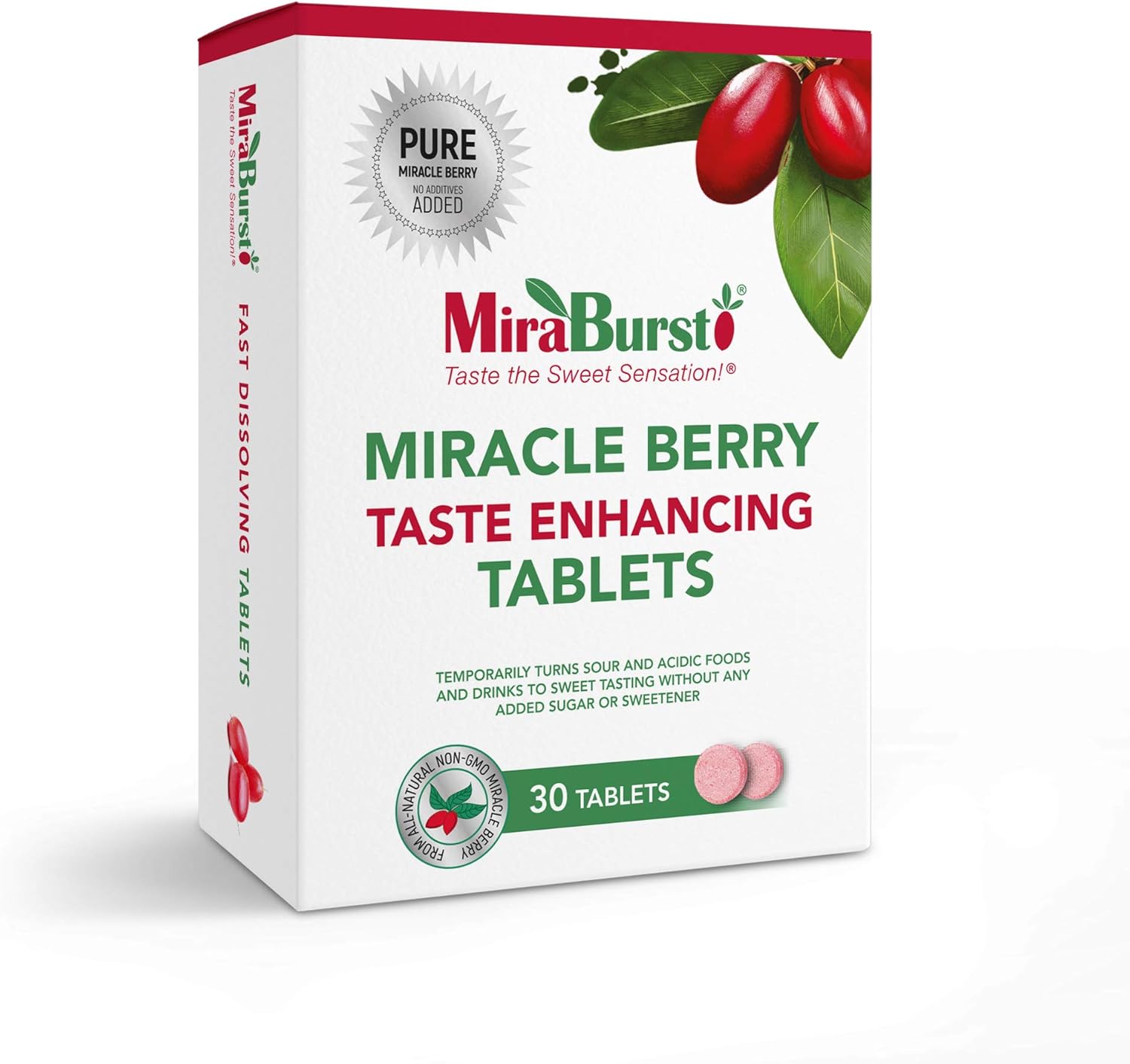 MiraBurst Taste Enhancing Miracle Berry Tablets (10 Count), Produced from 100% Pure Miracle Fruit Powder, No Additives, No Preservatives, Non-GMO, Vegan, Turns Sour and Acidic Food and Drinks Sweet: Health & Personal Care
