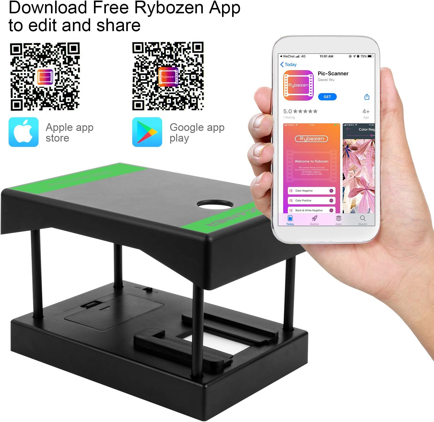 Rybozen Mobile Film and Slide Scanner, Converts 35mm Slides & Negatives into Digital Photos with Your Smartphone Camera, Interesting Presents and Toys with LED Backlight（2AA Batteries not Included: Electronics