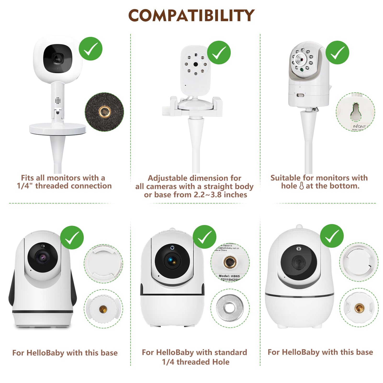 Flexible Baby Monitor Mount for Infant Optical DXR-8, Nanit Pro, Owlet Cam 1/2, HelloBaby, Babysense, Universal Baby Camera Holder, No Damage to Wall, Strong Support Twist Mount for Crib
