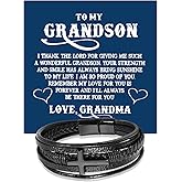 Someki Grandson Bracelet from Grandma Leather Cross Stainless Steel Christian Braided Bracelet Inspirational Birthday Gifts for Grandson