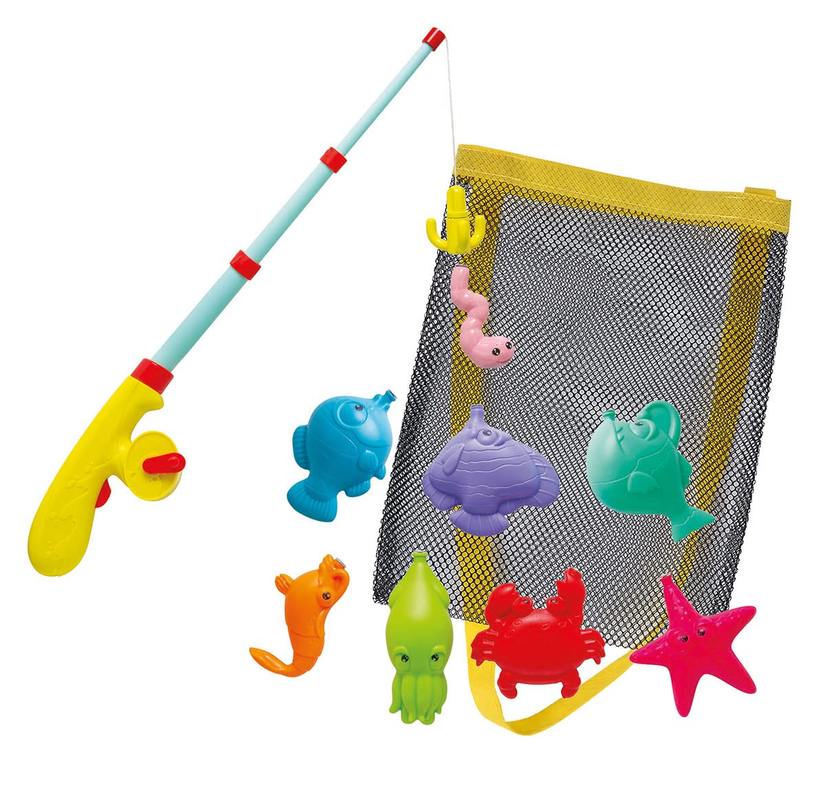 Simba 107796069 Large Magnetic Fishing Game, Wind-Up Fishing Rod with Automatic Function, 39 cm, 7 Sea Animals and 1 Bait, in Mesh Bag, Fishing, Toddler Toy, Bath Toy