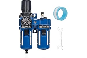 NEWPO 3/8" Compressed Air Filter Regulator Lubricator Combo,5 Micron Brass Filter Cartridge, Semi-Auto Drain, Metal Bracket-Blue