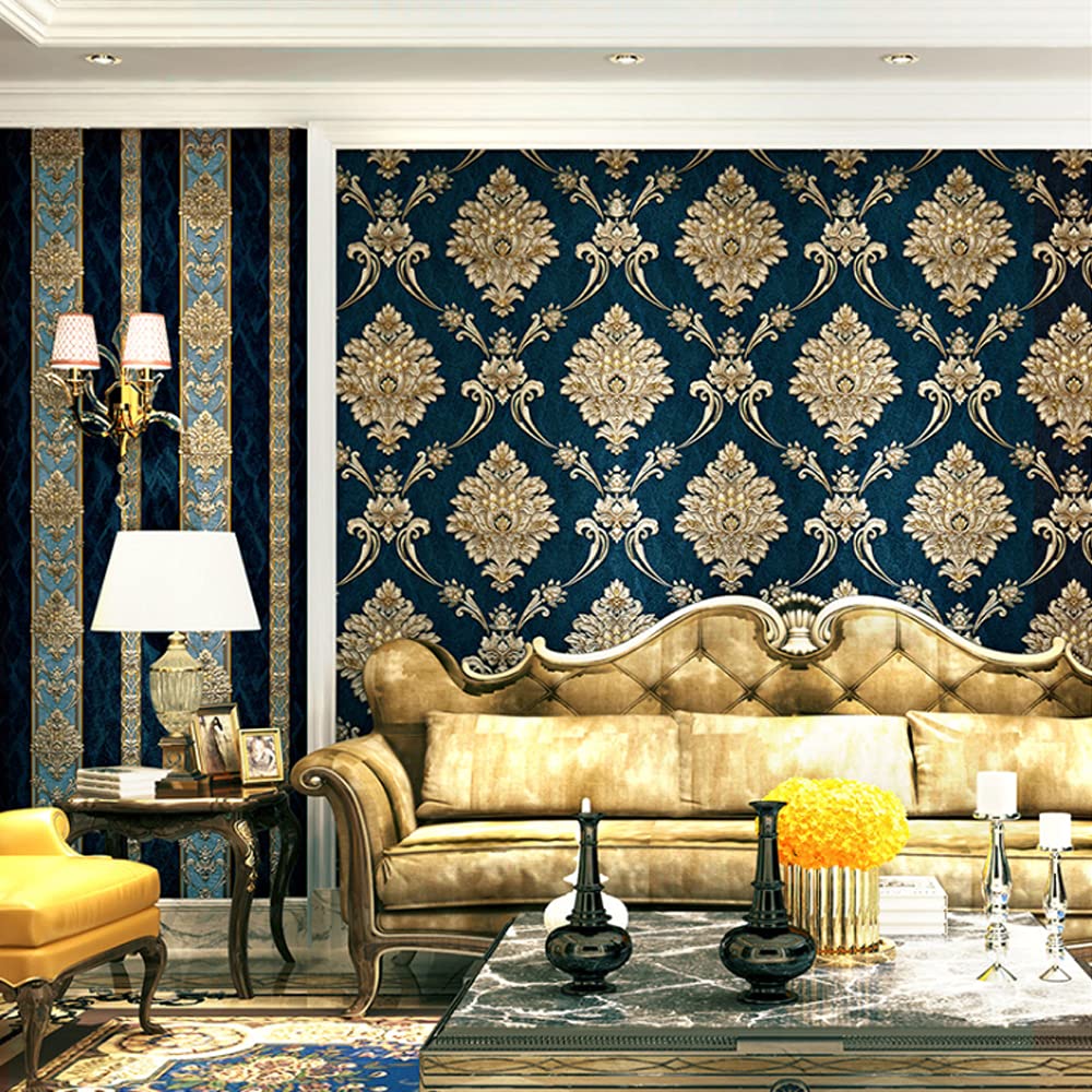 FNMHime 20.87″Wx393.7″L 3D Relief Pastoral Vintage Modern European Style Stripe Bedroom Living Room TV Background Wallpapers Non-Pasted (A Blue)