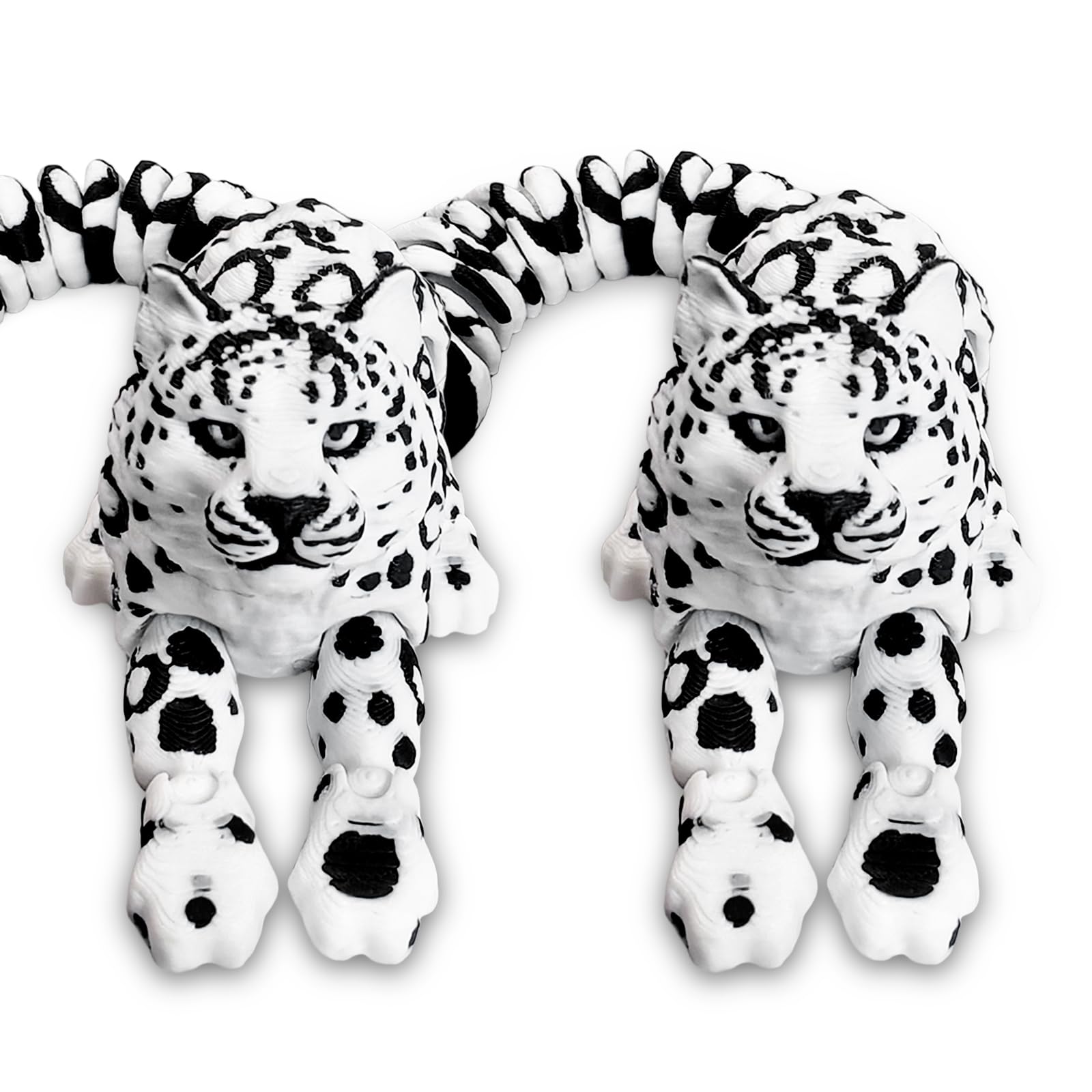 Photo 1 of **1 LEG MISSING** TUTHKOTH 2 Pack 3D Printed Snow Leopard - Black & White Spotted Design, Fully Articulated Joints, 3D Printed Animals for Fun Animal Decor, 6.5 Inches Long