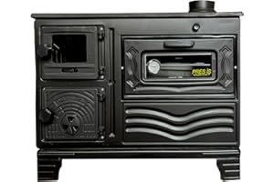 STEPNEXT Cast Iron Wood Cook Stove with Oven | Wood Burning Stove Range Stove | Kitchen Stove Cooker Oven Section with Thermometer | Village House Oven Cabin Stove Made in Turkiye (Black with Glass)