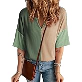 Dokotoo Womens Summer Tops Fashion 2026 Half Sleeve Waffle Knit Shirts Casual V Neck Colorblock Patchwork Blouse