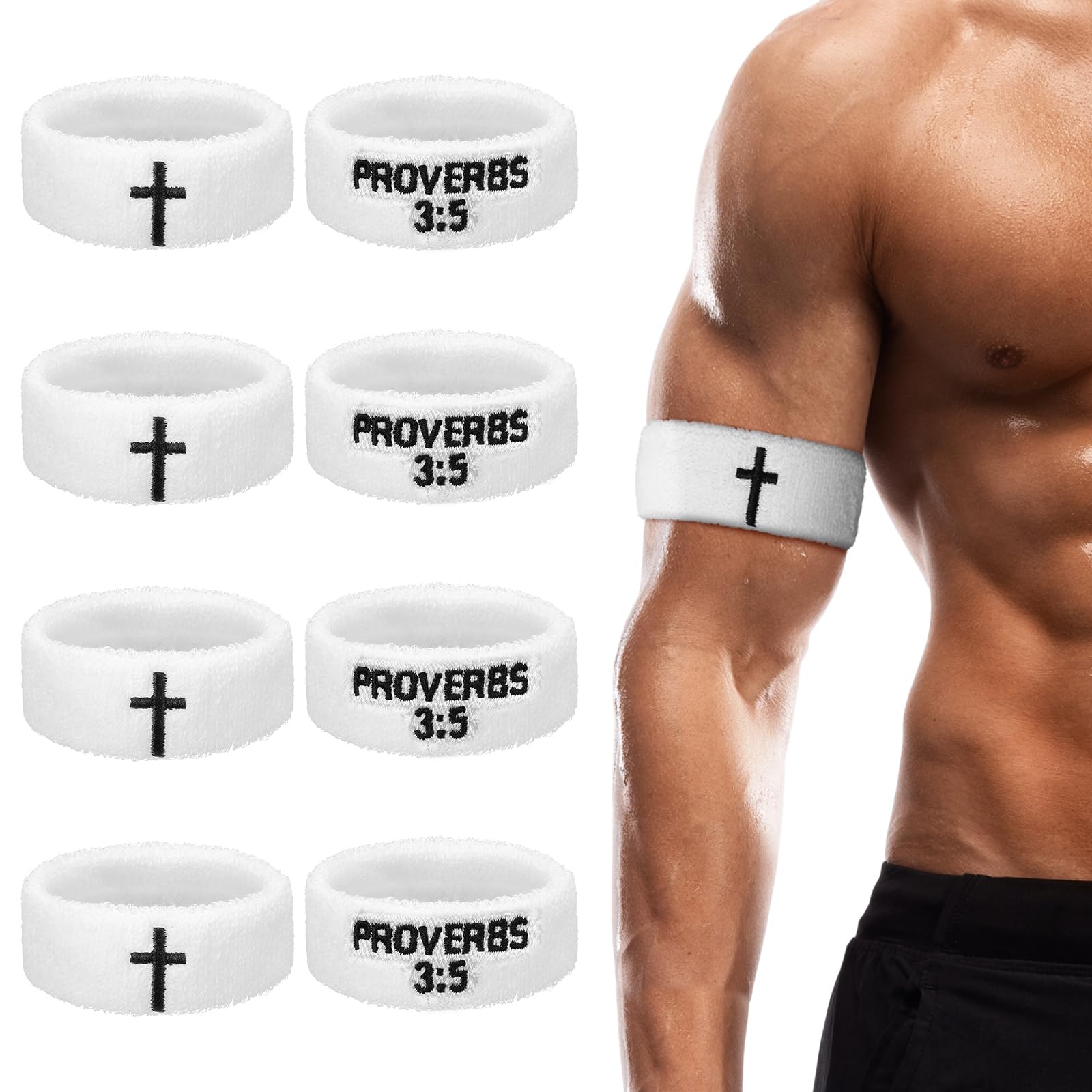 Photo 1 of Zeyune 8 Pack Provers Bicep Bands Christian Arm Sweat Bands Armband Wristbands for Men Women Football Baseball Players Sports Activities Keep Hands Dry and Comfortable Machine Washable(White)