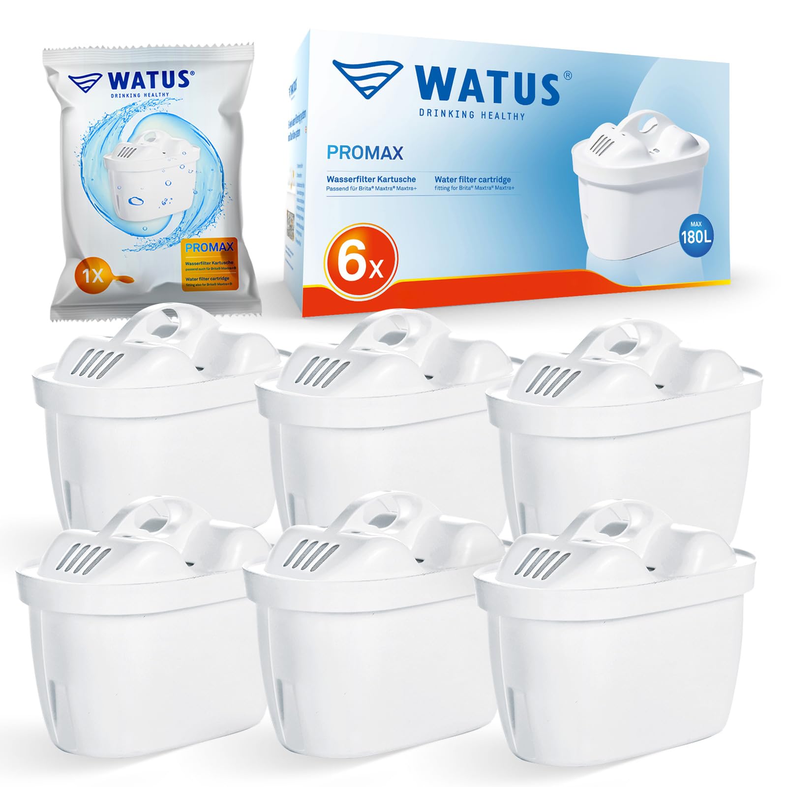 Watus Water Filter Cartridges, for Brita Water Filter Cartridges, Brita Maxtra Pro, Maxtra Plus, Reduces Lead, Chlorine, Heavy Metals and Limescale in Water (6 Pack)
