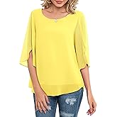 Neineiwu Womens Casual Scoop Neck Loose Top 3/4 Sleeve Chiffon Blouse Shirt Tops