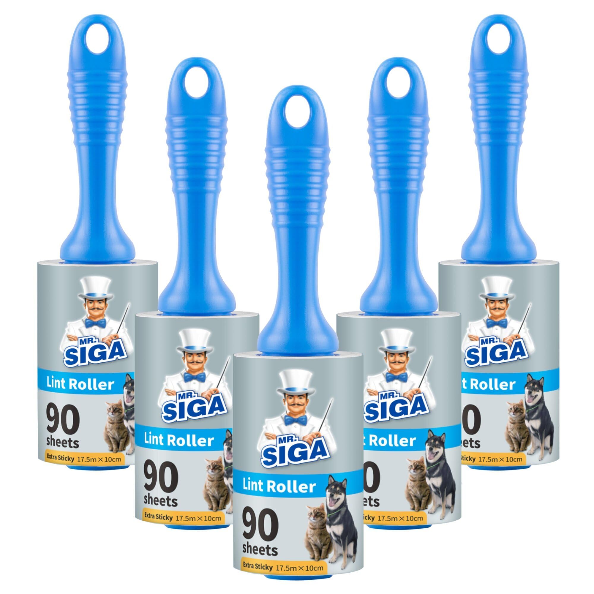 MR.SIGA Extra Sticky Lint Roller Pet Hair Remover with Easy Tear Sheets, 450 Sheets in Total, 5-Pack, Blue