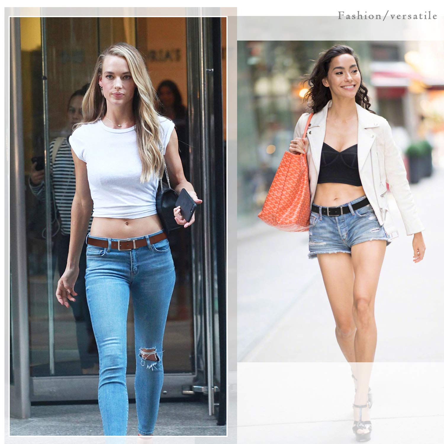 Reversible Leather Belts for Women with Rotated Metal Buckle 1.1 inch Black Brown Women Narrow Jeans Belt Christmas Gift Box,01 Black-Brown, Fit waist 30-35 inch