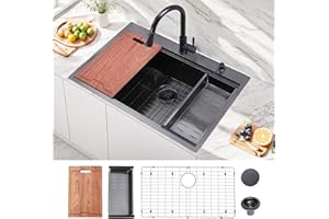 33 Inch Black Drop In Kitchen Sink - VAPSINT 33x22 Inch Top Mount Single Bowl 9 Inch Deep Handmade Workstation Sink in Gunmetal Stainless Steel with Cutting Board & Strainer