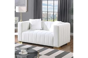 KIVENJAJA Channel Tufted Velvet Loveseat, Modern Love Seat 2-Seater Small Sofa Couch with 2 Pillows for Living Room Bedroom Apartment, 62.6”W (White)