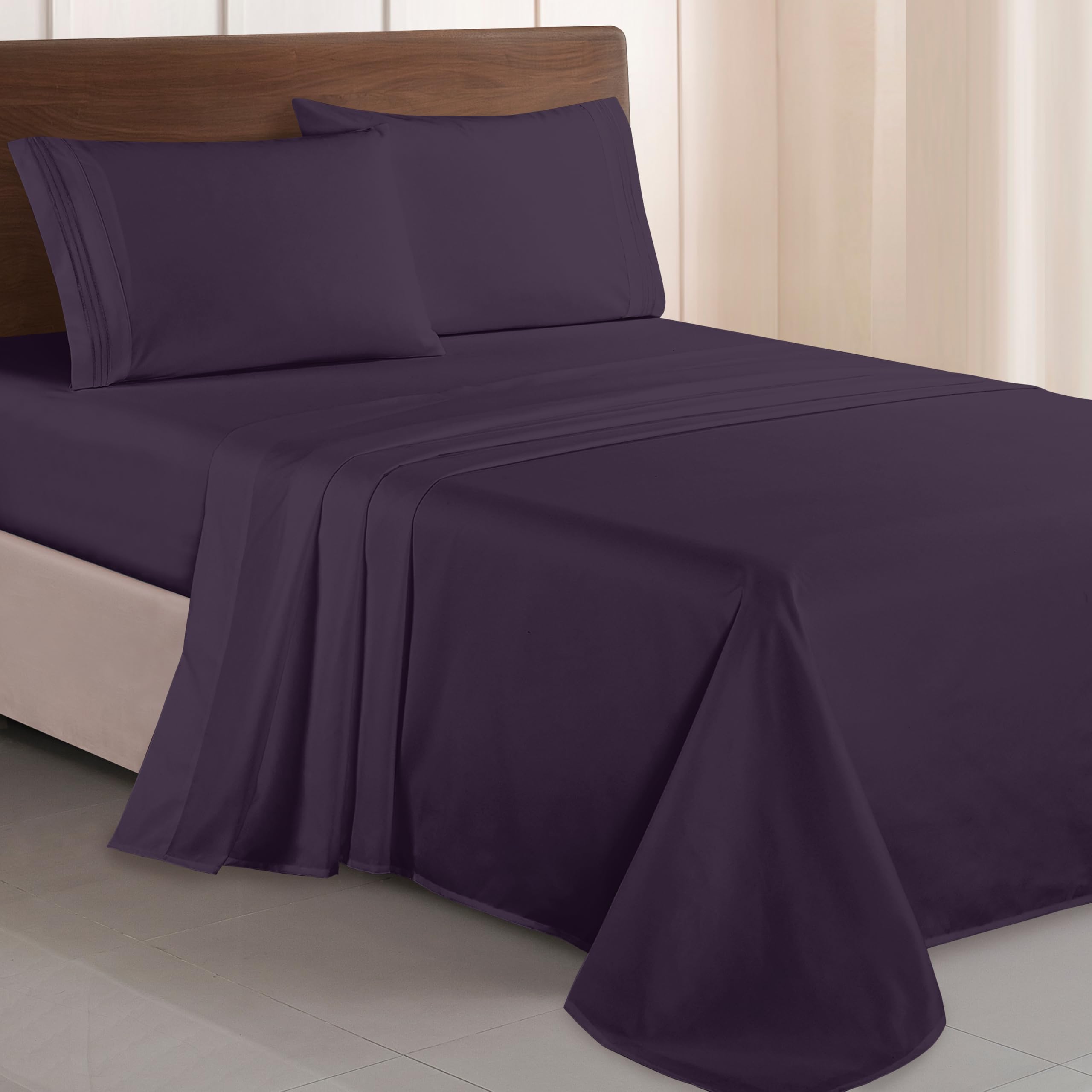 Elegant Comfort Luxurious 1500 Premium Hotel Quality Microfiber Three Line Embroidered Softest 4-Piece Bed Sheet Set, Wrinkle and Fade Resistant, Full, Eggplant-Purple