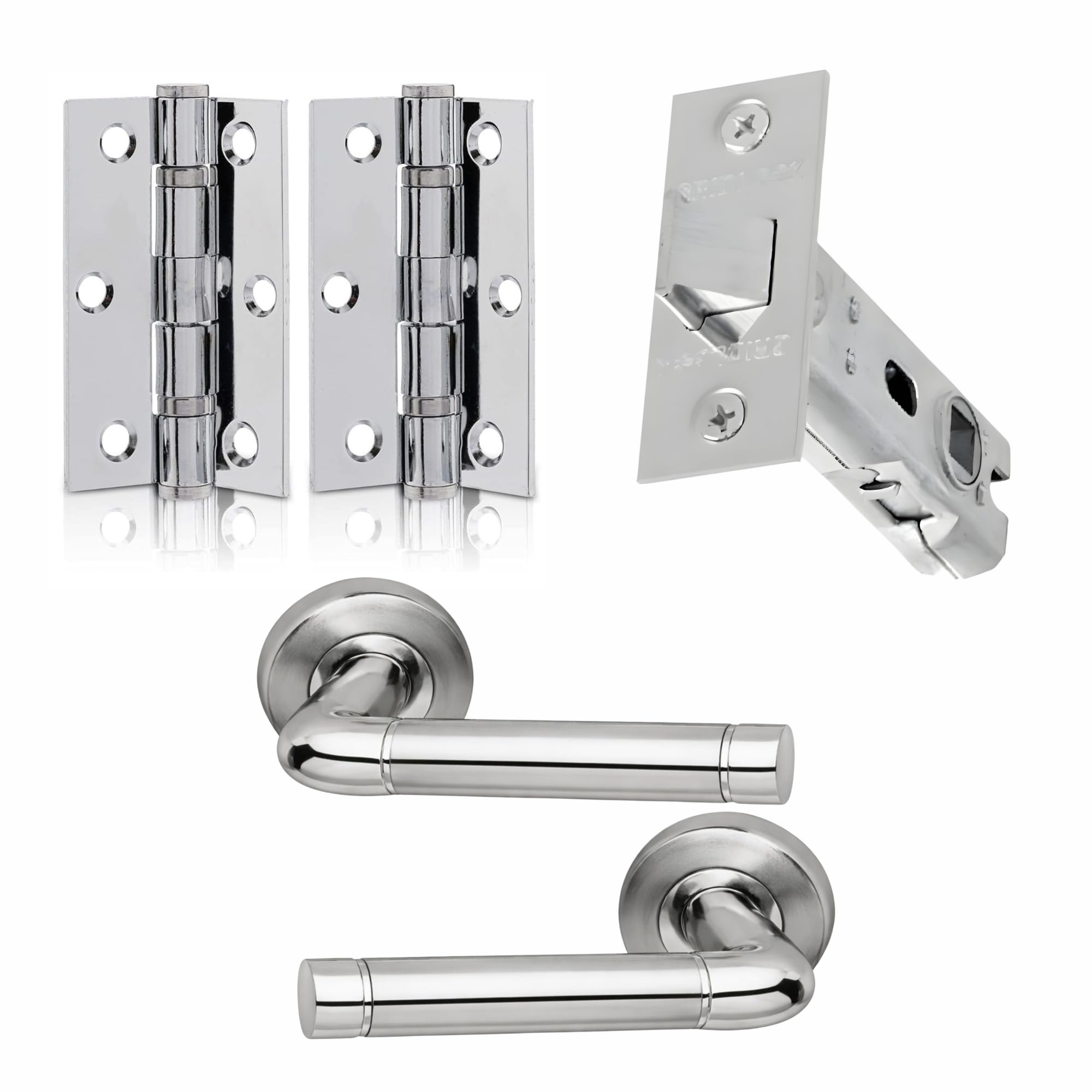 UAP Door Handle Pack - Door Handle Set For internal Doors, With Handles, Hinges, Tubular Mortice Latch, Intelligent Hardware Latch Pack, Polished Chrome Satin Chrome Blister Pack (Apollo Style Handle)