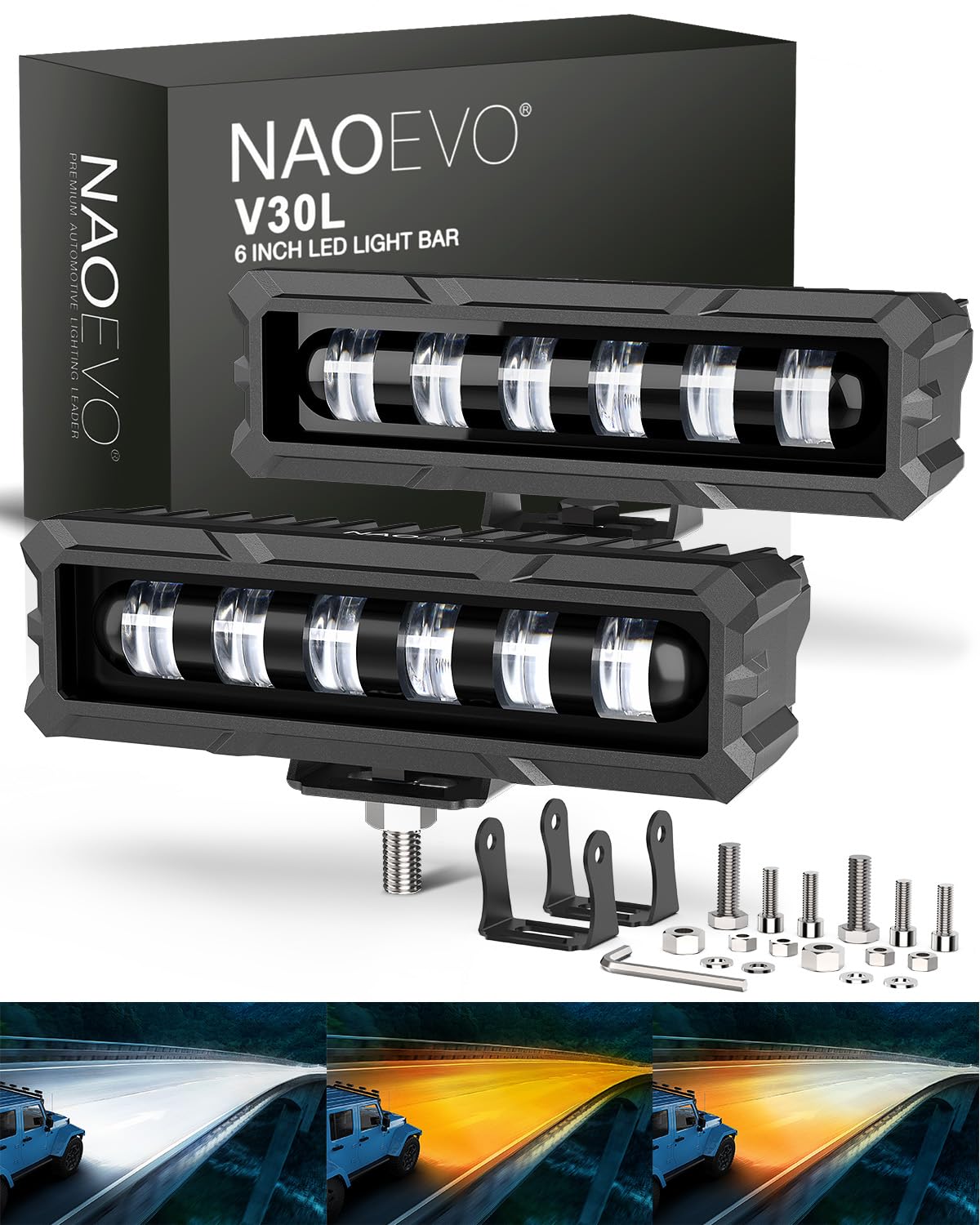 Photo 1 of NAOEVO 6in LED Light Bar, 50W 2300LM Lens Spot Lights, LED Fog Lights - LED Offroad Lights for Trucks/Cars/Boat/ATV/UTV, 2 Pcs (White/Amber/White&Amber)