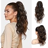 FLUFYMOOZ Ponytail Extension, 18 Inch Claw Clip Ponytail Extension, Wavy Curly Claw Clip in Ponytail Hair Extensions, Natural Fake Ponytail Synthetic Hairpiece for Women (Almond brown)