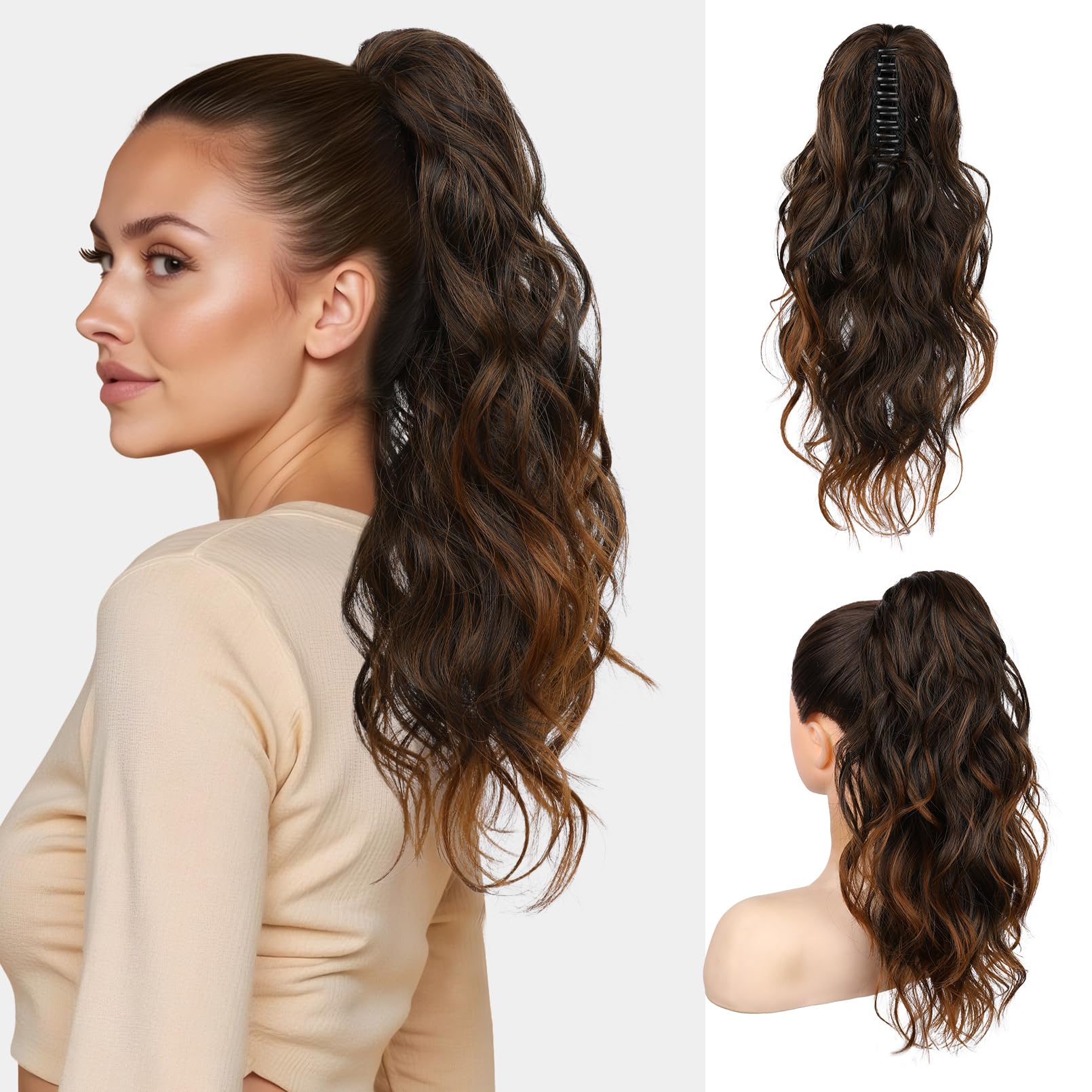 Photo 1 of FLUFYMOOZ Ponytail Extension, 18 Inch Claw Clip Ponytail Extension, Wavy Curly Claw Clip in Ponytail Hair Extensions, Natural Fake Ponytail Synthetic Hairpiece for Women (Almond brown)