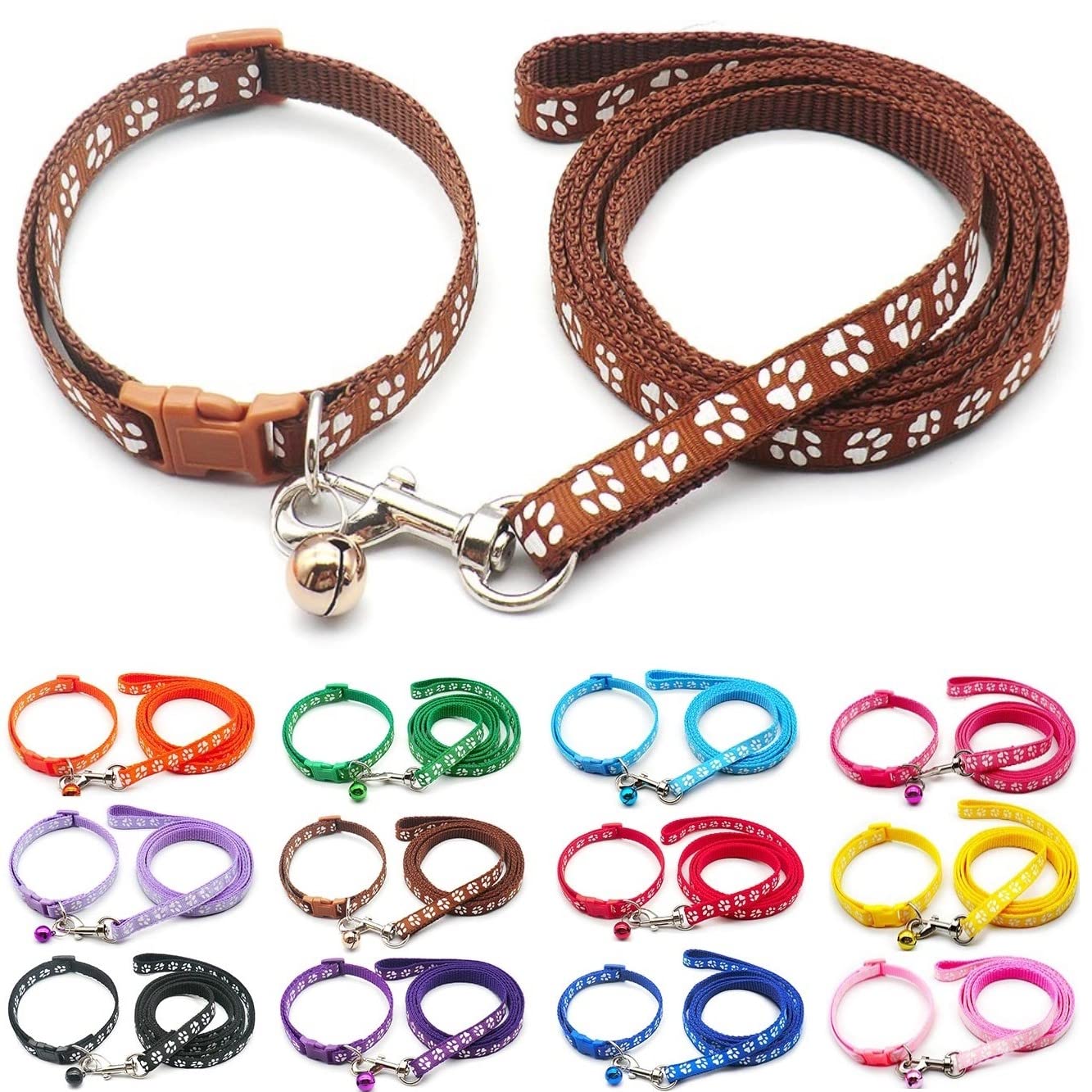 Small Dog Puppy Pet Collar and Lead Set Pawprint Design Nylon Adjustable Size 19-32cm Collar with Bell and 120cm Leash Brown — image 1