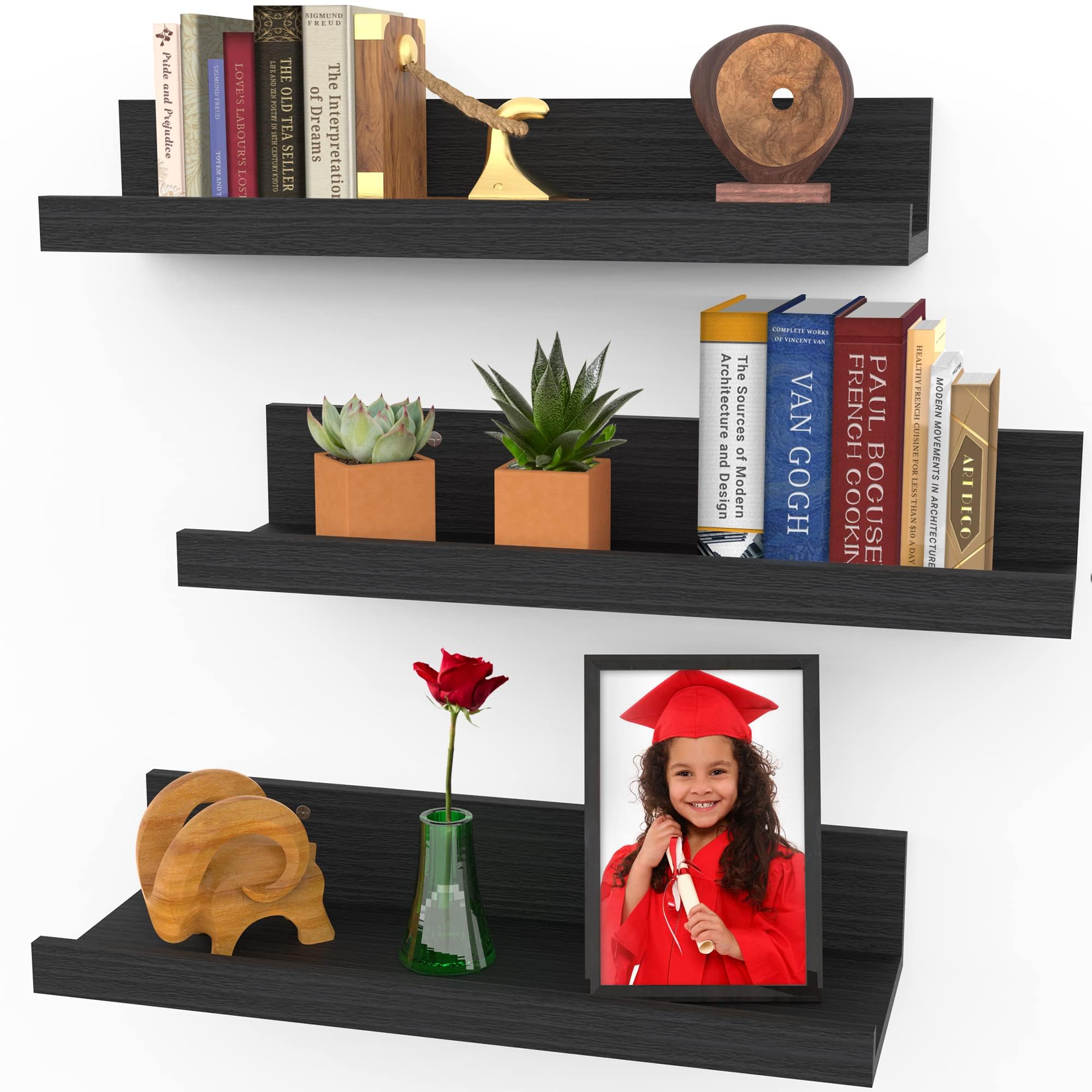Icona Bay - 40 cm / 16 Inch Floating Shelves for Wall - Set of 3 in Ebony Black - Modern Rustic Style - Wall Mounted Display Shelves - Picture Ledges