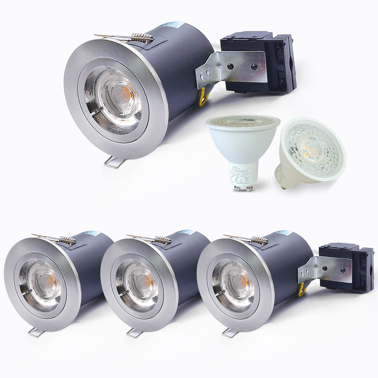 4XSweier IP20 Fire Rated LED Downlights for Ceiling,90 Minute Fire Rated GU10 Downlights, 5W 6000K Cool White Ceiling Recessed Spotlights Fittings with Satin Nickel (Non-Dimmable)
