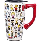 Spoontiques Peanuts Travel Mug Ceramic Travel Coffee Mug with Lid and Handle - Double Walled Mug for Hot and Cold Beverages - Microwave and Dishwasher Safe, Spill Proof Lid