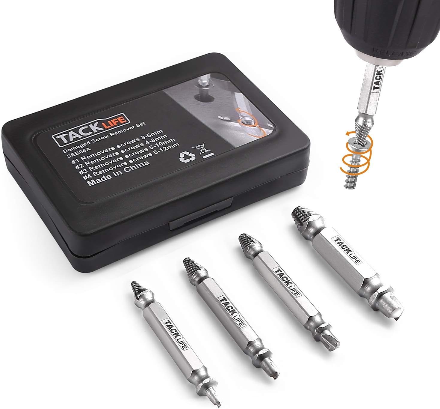 TACKLIFE Damaged Screw Extractor Set, 4pcs Stripped Screw Remover with Case, Made of High-Speed Steel 6542#, Hardness 63-65HRC-SEB04A